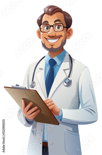 vector of a medical doctor in white coat with stethoscope, holding a clipboard, smiling professionally, white background
