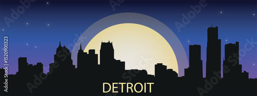 silhouette of the night city of Detroit with a panorama of skyscrapers against the starry sky with a large full moon in the center	