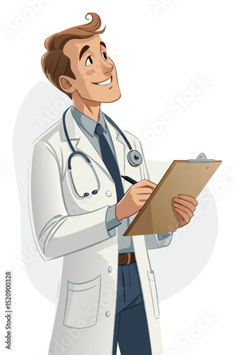 vector of a medical doctor in white coat with stethoscope, holding a clipboard, smiling professionally, white background
