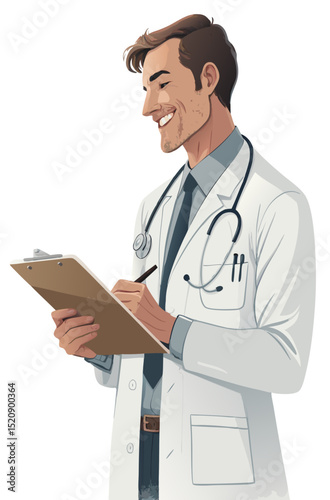 vector of a medical doctor in white coat with stethoscope, holding a clipboard, smiling professionally, white background

