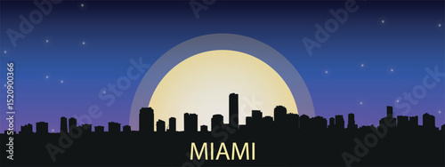 silhouette of the night city of Miami with a panorama of skyscrapers against the starry sky with a large full moon in the center	
