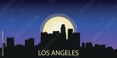 silhouette of the night city of Los Angeles with a panorama of skyscrapers against the starry sky with a large full moon in the center	