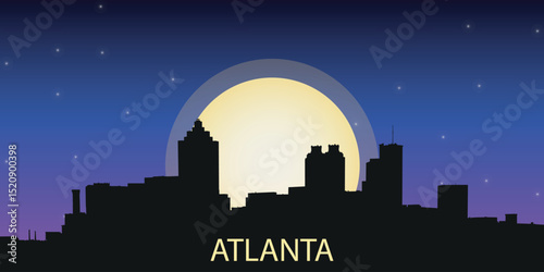 silhouette of the night city of Atlanta with a panorama of skyscrapers against the starry sky with a large full moon in the center	