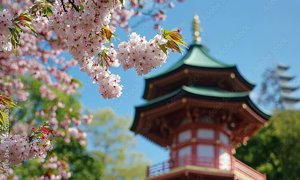 Lush Cherry Blossoms Frame A Japanese Pagoda Against Blue Sky In Spring Lush Cherry Blossoms Frame A Japanese Pagoda Against Blue Sky In Spring