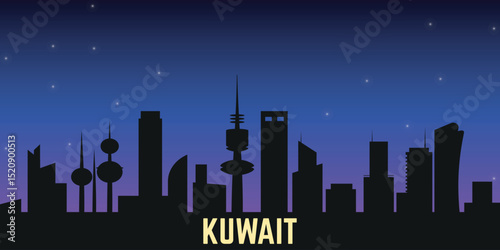 night black silhouette of the Kuwait skyline against the blue starry sky