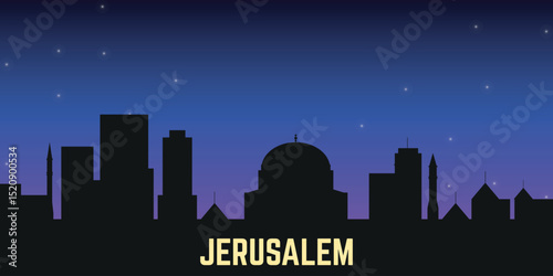 night black silhouette of the Jerusalem skyline against the blue starry sky