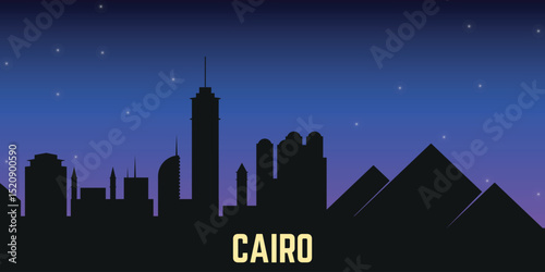 night black silhouette of the Cairo skyline against the blue starry sky