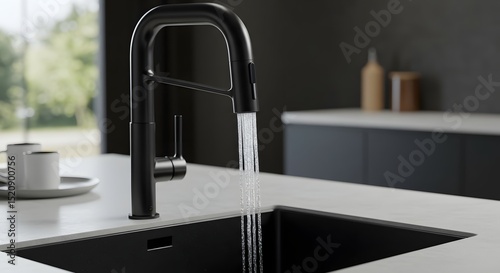Modern Matte Black Kitchen Faucet with Running Water - Stylish Interior Design, Contemporary Fixture, Clean Kitchen Aesthetic, Close-up Detail, Water Stream, and Minimalist Style