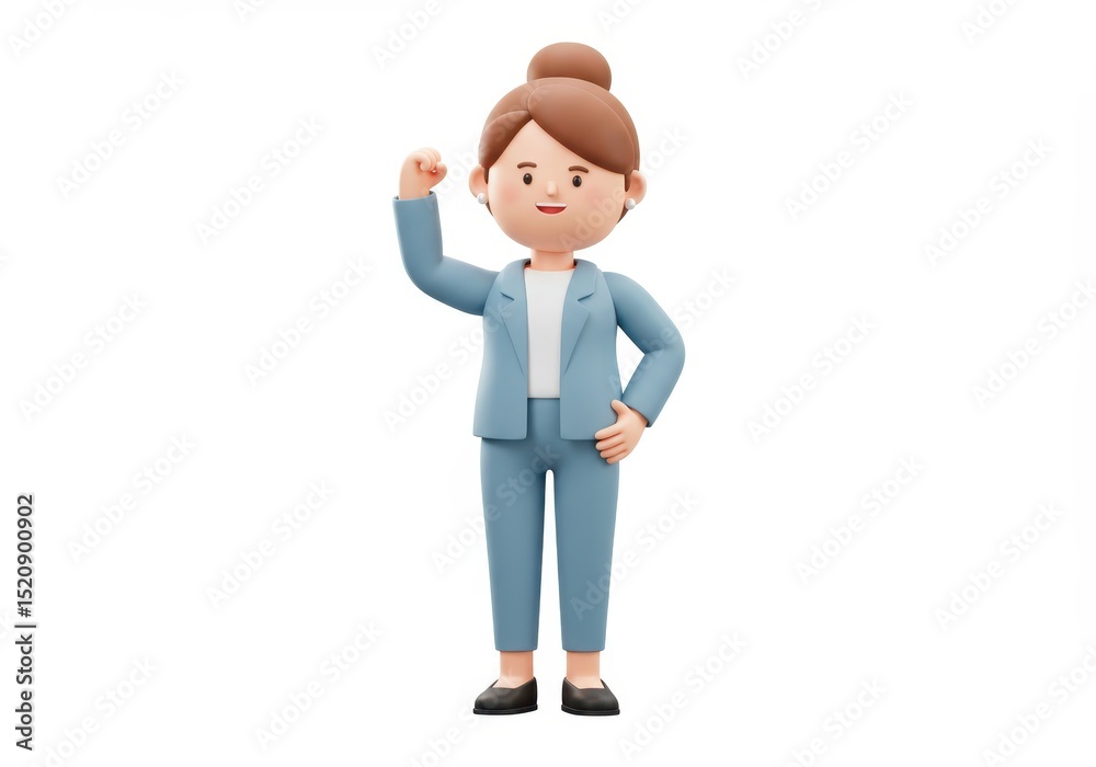 Cartoon businesswoman in blue suit isolated on white background with fist raised Cartoon businesswoman in blue suit isolated on white background with fist raised