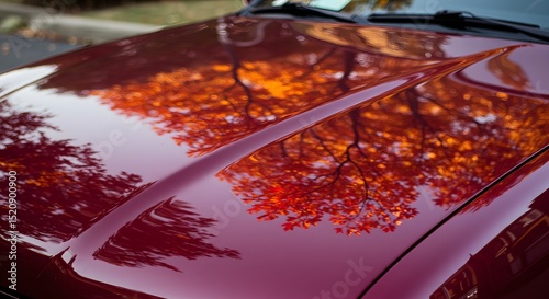 Autumn Reflections: Vibrant Red Maple Tree Reflected on a Classic Burgundy Car Hood – Seasonal Beauty, Automotive Detail, Fall Foliage, Outdoor Scene, Nature's Mirror