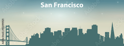 stylized green silhouette of San Francisco city skyline against the light sky
