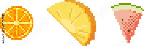 Set of tropical fruit slices in pixel art style. Includes watermelon, pineapple and citrus. Perfect for summer themes, menus, games or digital decoration.