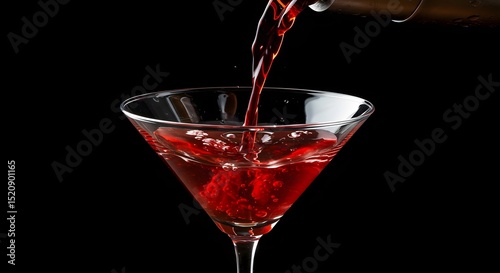 Pouring a Vibrant Red Cocktail into a Martini Glass: Close-Up of a Refreshing Alcoholic Drink with Bubbles, Perfect for Celebrations, Bars, and Nightlife on a Dark Background