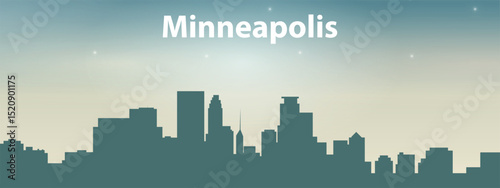 stylized green silhouette of Minneapolis city skyline against the light sky