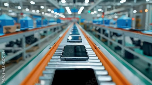Smartphones moving on assembly line in a modern factory