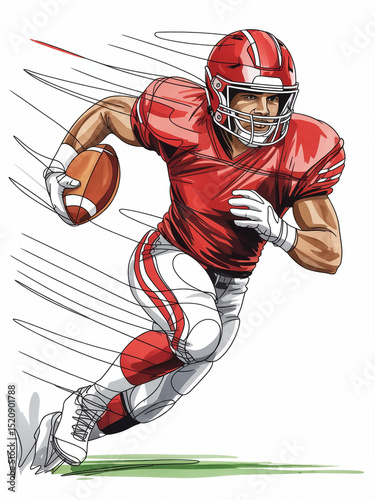 RedSuited Football Player Running with Ball, Illustrated with Speed Lines, on Green Field