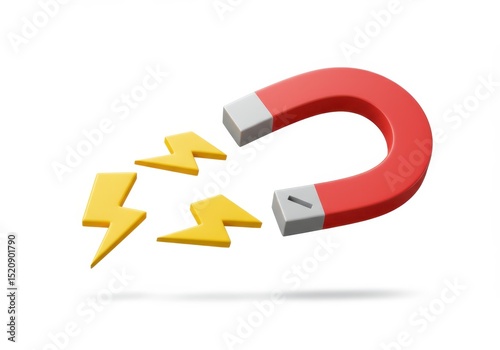 Red horseshoe magnet attracting yellow lightning bolts isolated on white background