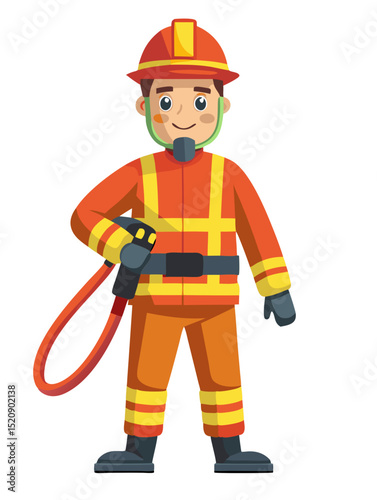 vector of a firefighter in full gear holding a water hose, standing confidently, isolated on white background
