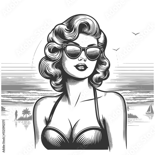 woman in retro sunglasses and swimsuit, standing against a scenic ocean backdrop sketch engraving generative ai fictional character vector illustration. Scratch board imitation. Black and white image.