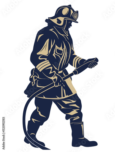 vector of a firefighter in full gear holding a water hose, standing confidently, isolated on white background
