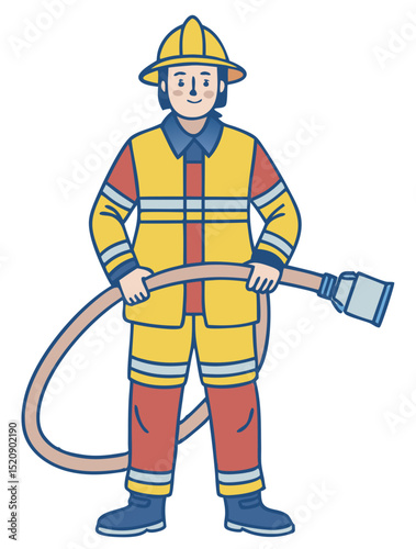 vector of a firefighter in full gear holding a water hose, standing confidently, isolated on white background
