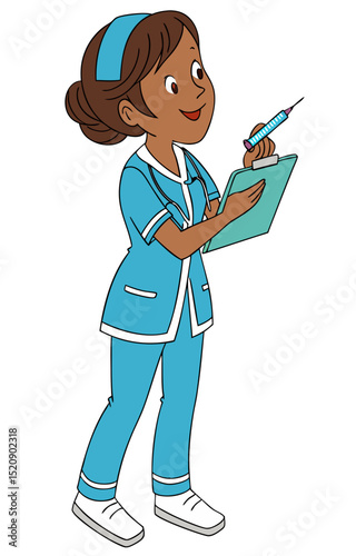 vector of a friendly nurse in scrubs holding a syringe and patient notes, isolated on white
