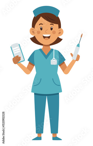 vector of a friendly nurse in scrubs holding a syringe and patient notes, isolated on white
