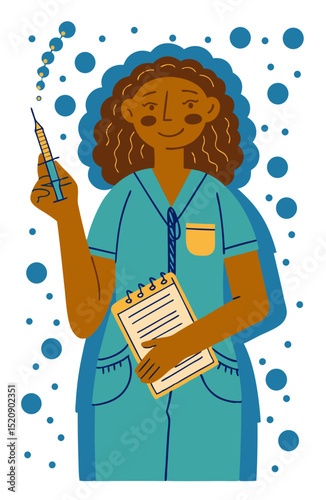 vector of a friendly nurse in scrubs holding a syringe and patient notes, isolated on white
