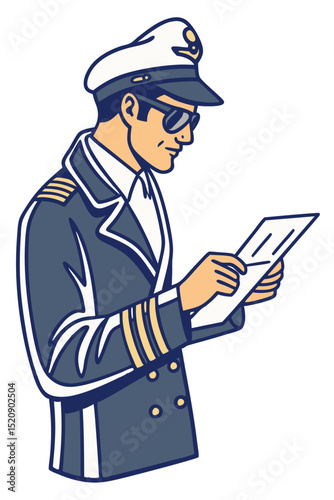 vector of a commercial airline pilot with cap and sunglasses, holding flight documents, isolated on white
