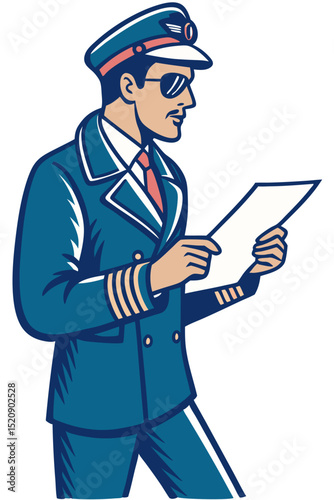 vector of a commercial airline pilot with cap and sunglasses, holding flight documents, isolated on white
