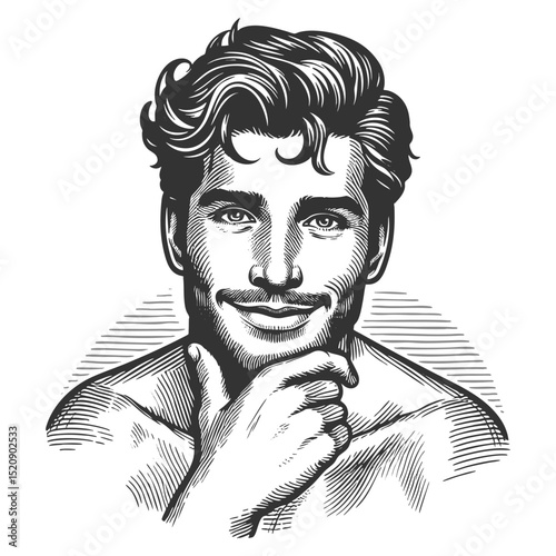 smiling man with styled hair, symbolizing charm, confidence, and classic masculinity sketch engraving generative ai fictional character vector illustration. Scratch board. Black and white image.