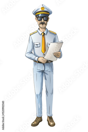vector of a commercial airline pilot with cap and sunglasses, holding flight documents, isolated on white
