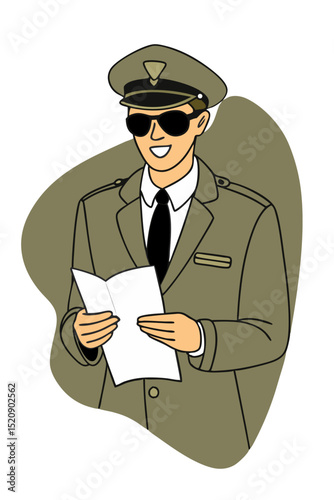 vector of a commercial airline pilot with cap and sunglasses, holding flight documents, isolated on white
