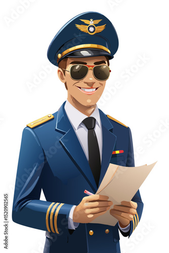 vector of a commercial airline pilot with cap and sunglasses, holding flight documents, isolated on white
