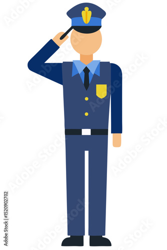 vector of a uniformed police officer saluting with badge and radio, clean style on white
