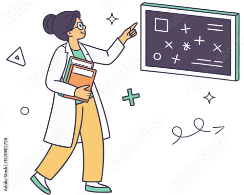 vector of a school teacher holding books, pointing at a chalkboard with math symbols, white background
