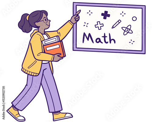 vector of a school teacher holding books, pointing at a chalkboard with math symbols, white background
