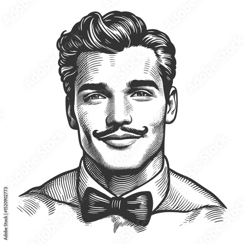 confident man with a styled mustache, classic hairstyle, and bow tie, exuding retro charm sketch engraving generative ai fictional character vector illustration. Scratch board. Black and white image.