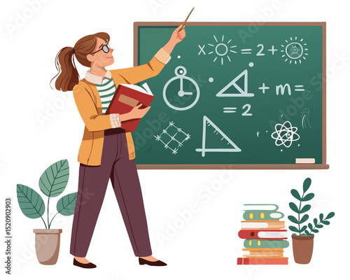 vector of a school teacher holding books, pointing at a chalkboard with math symbols, white background
