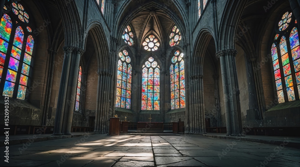 Fototapeta premium Majestic stained glass windows illuminate historic cathedral interior during evening light