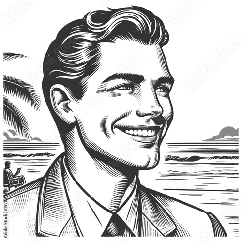 cheerful man in a suit smiling confidently near a beach at sunset with palm trees sketch engraving generative ai fictional character vector illustration. Scratch board imitation. Black and white image