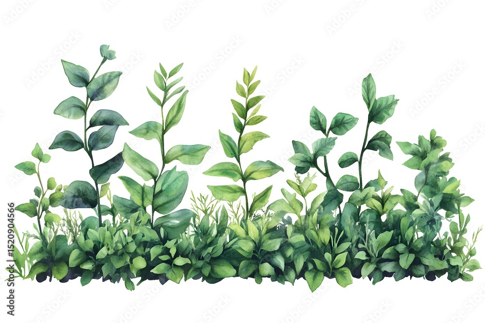 Fototapeta premium Watercolor green plants and leaves with a bottom border, vector illustration, on a white background.
