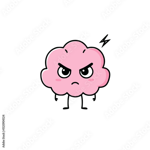 Angry Pink Brain Cartoon Character with Lightning, Cute pink cartoon brain character with clenched fists, furrowed brows, and lightning bolts above the head, symbolizing anger or stress.

