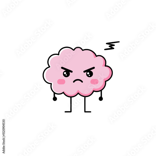 Angry Pink Brain Cartoon Character with Lightning, Cute pink cartoon brain character with clenched fists, furrowed brows, and lightning bolts above the head, symbolizing anger or stress.

