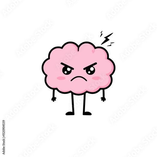 Angry Pink Brain Cartoon Character with Lightning, Cute pink cartoon brain character with clenched fists, furrowed brows, and lightning bolts above the head, symbolizing anger or stress.

