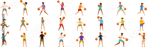 Children playing basketball icons set. Basketball players are engaging in various actions, showcasing diversity and athleticism on the court