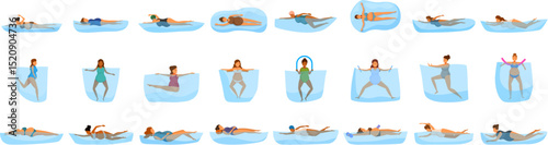 Swimming pregnant icons set. Pregnant women enjoying various water exercises and relaxation techniques in a swimming pool, promoting health and well being during pregnancy