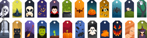 Halloween gift tags icons set. Halloween gift tags featuring spooky characters and symbols, adding a festive touch to halloween gifts and treats