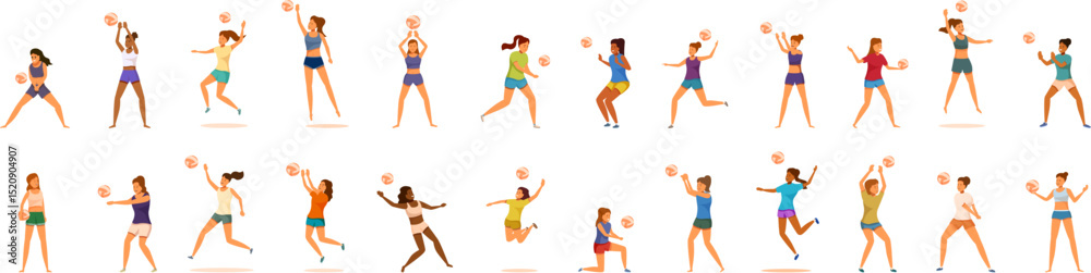 Woman playing volleyball icons set. Diverse group of women athletes playing beach volleyball, showcasing various actions like serving, receiving, setting, spiking, and blocking Woman playing volleyball icons set. Diverse group of women athletes playing beach volleyball, showcasing various actions like serving, receiving, setting, spiking, and blocking