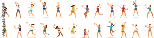 Woman playing volleyball icons set. Diverse group of women athletes playing beach volleyball, showcasing various actions like serving, receiving, setting, spiking, and blocking